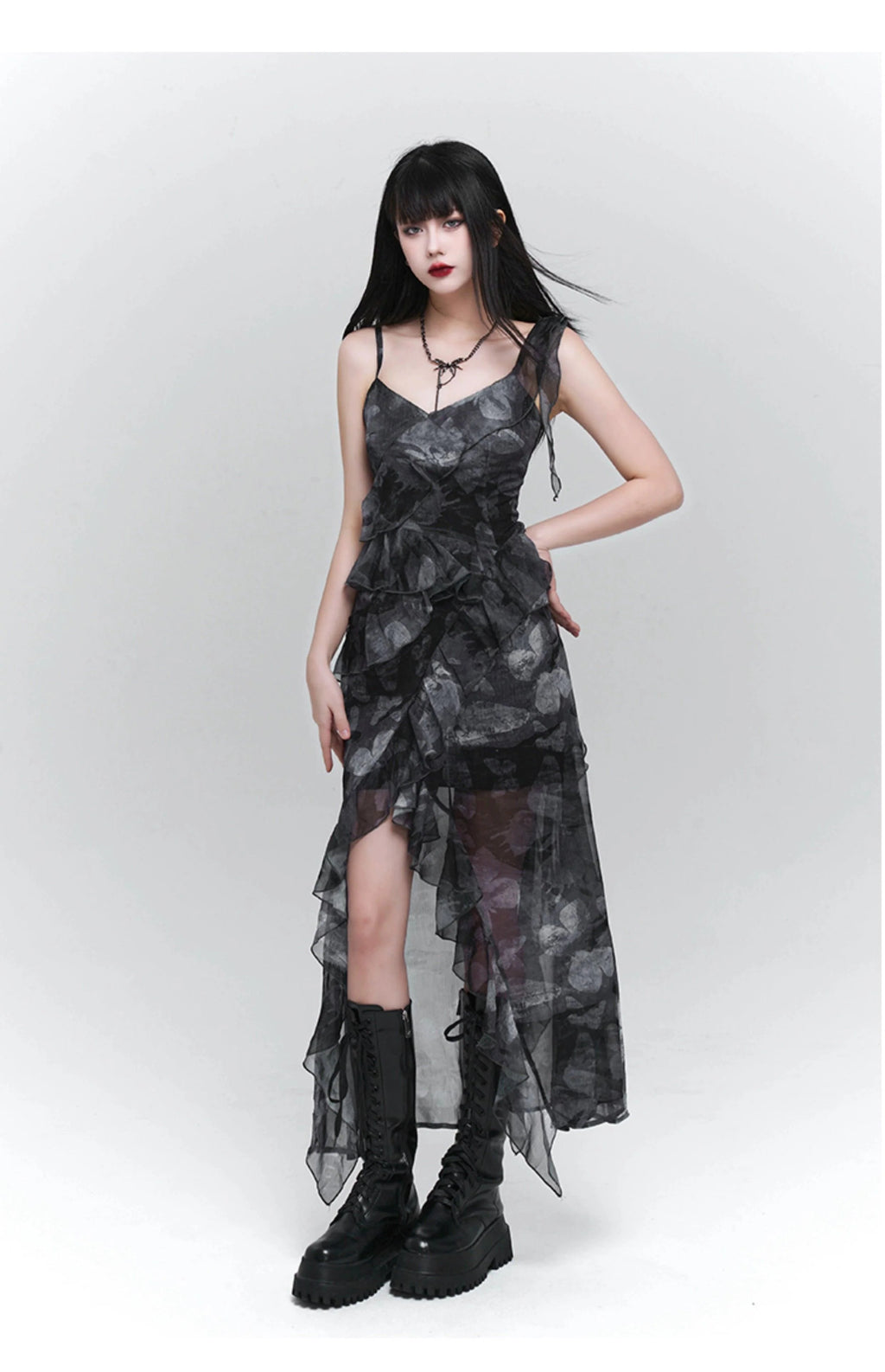 Dark Glamour Asymmetrical Maxi Dress - Women'S Sheer Floral Print Ruffle Dress With High Slit