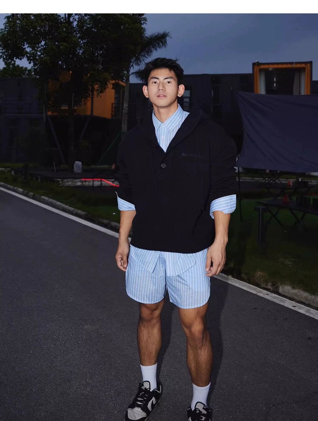 Blue Knit Hooded Henley Sweater