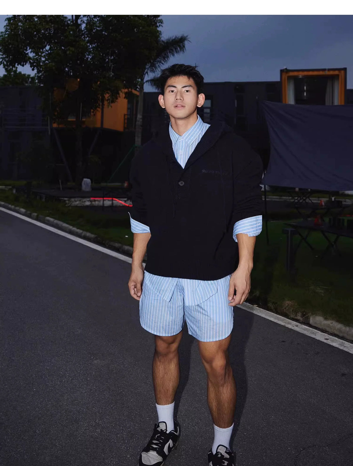 Blue Knit Hooded Henley Sweater