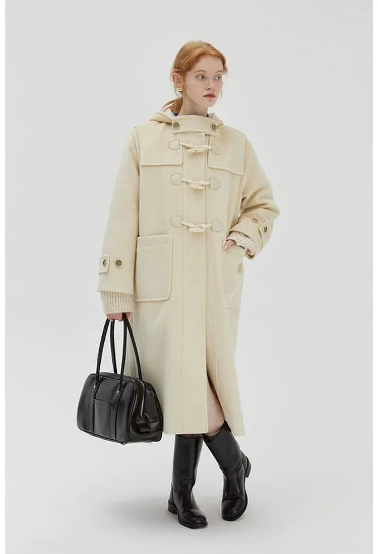 Winter Thicken College Style Hooded Mid-Length Melton Wool Coat