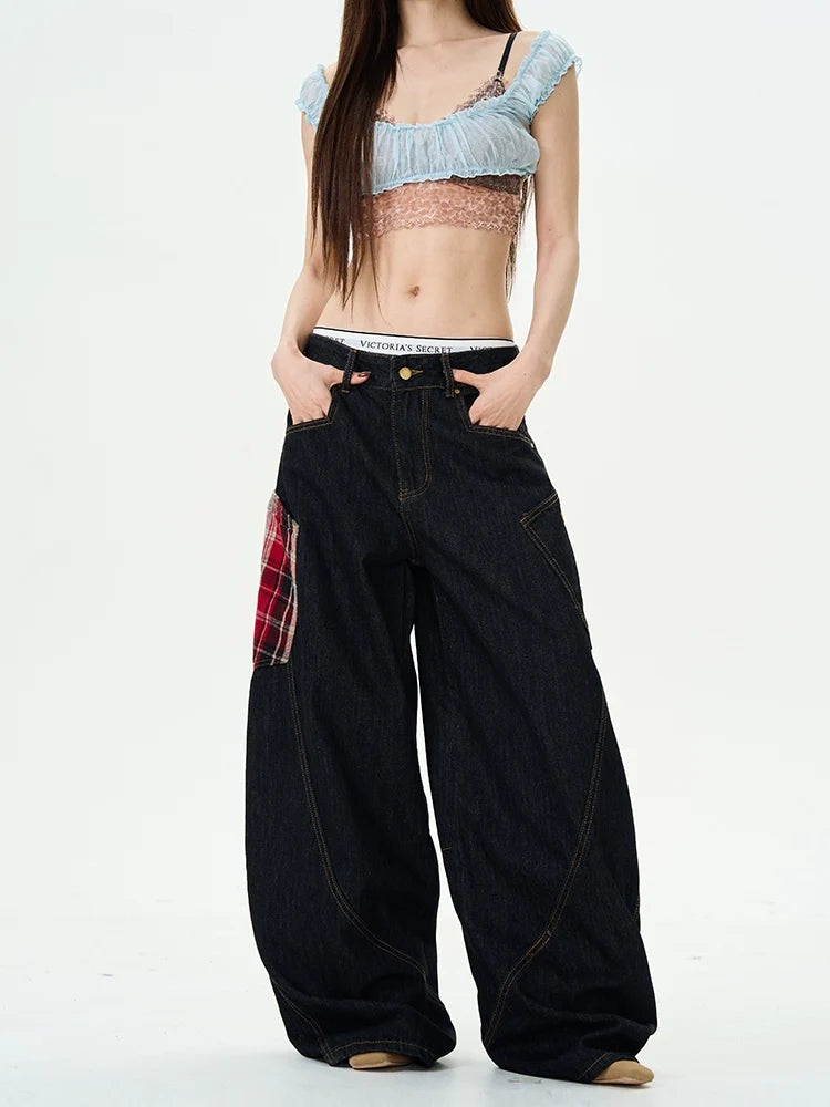 Plaid-Patch Wide-Leg Denim Cargo Pants