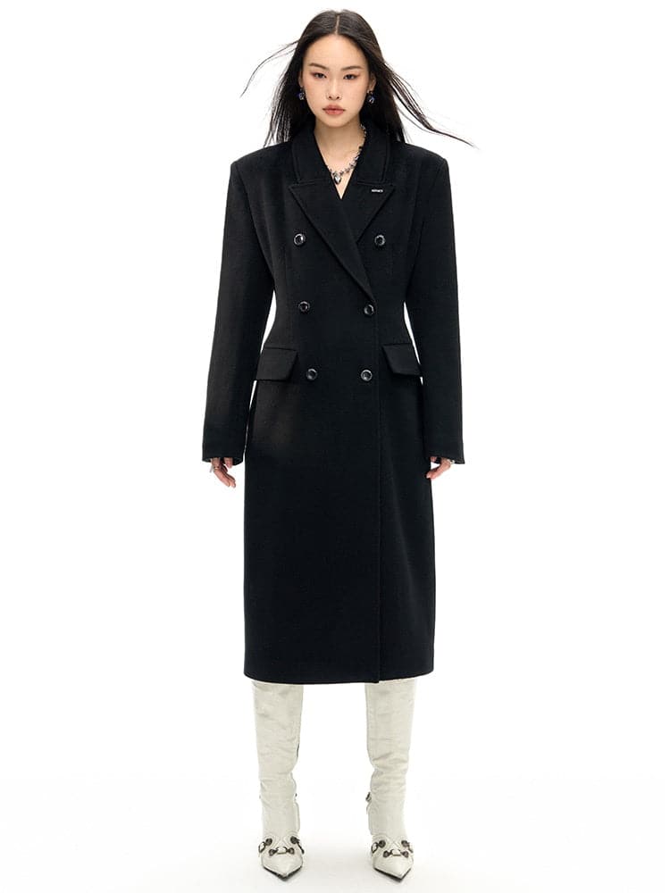 Double-Breasted Wool Long Coat - Slim Waist Tailored Winter Outerwear