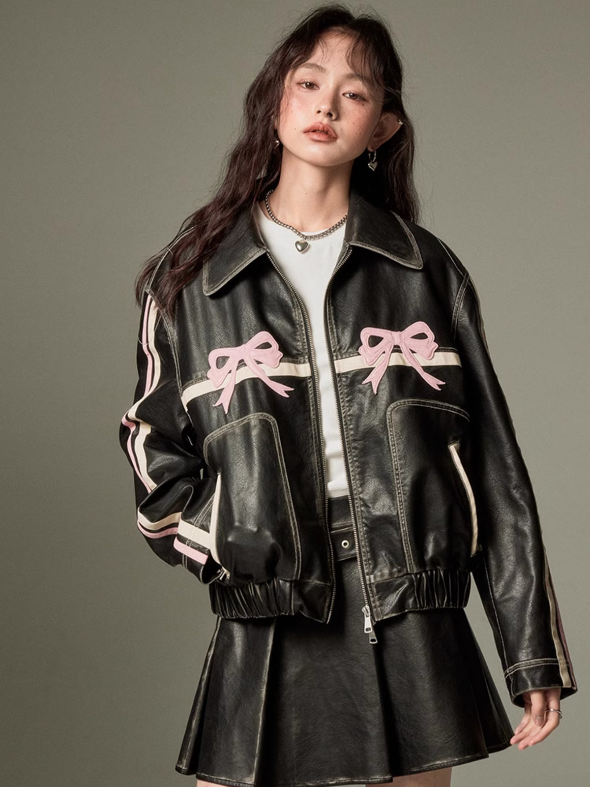 DIDDI MODA Bow-Detail Colorblock Faux-Leather Jacket