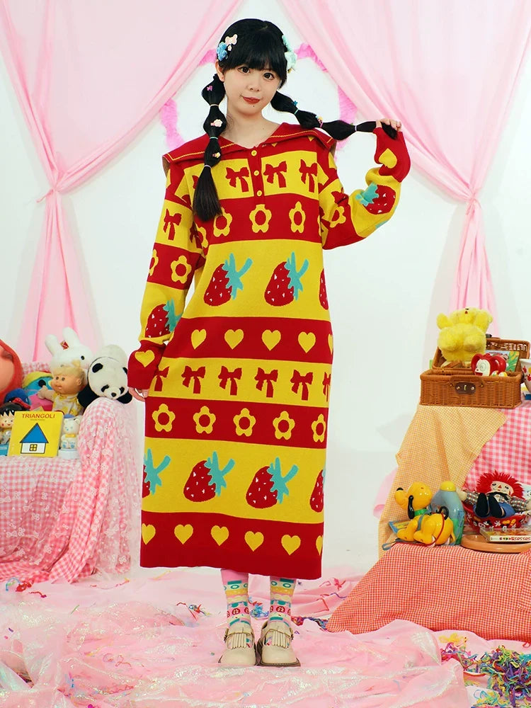 Strawberry Pattern Hooded Knit Sweater Dress
