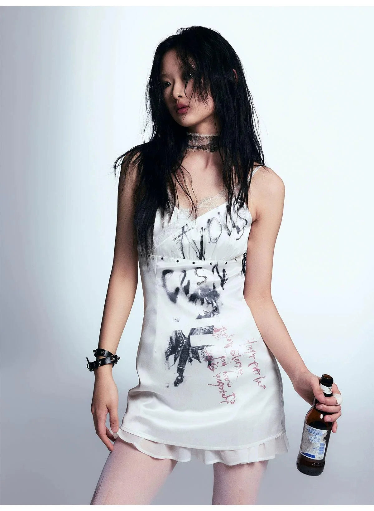 White Distressed Graphic Tank Dress - Women'S Sleeveless Mini Bodycon With Grunge Print