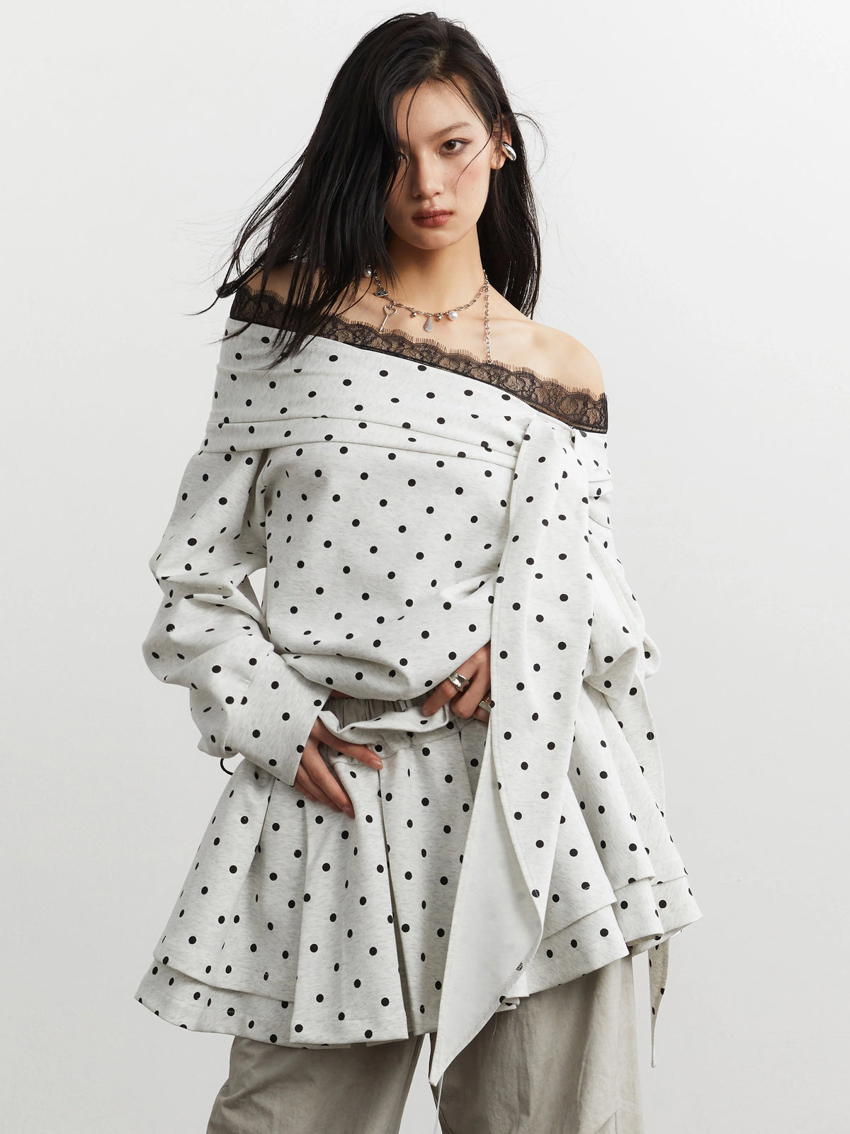 Polka Lace Off-Shoulder Peplum Top and Skirt Setup