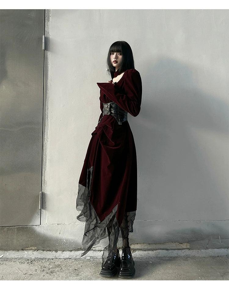 Burgundy Velvet Gothic Maxi Dress