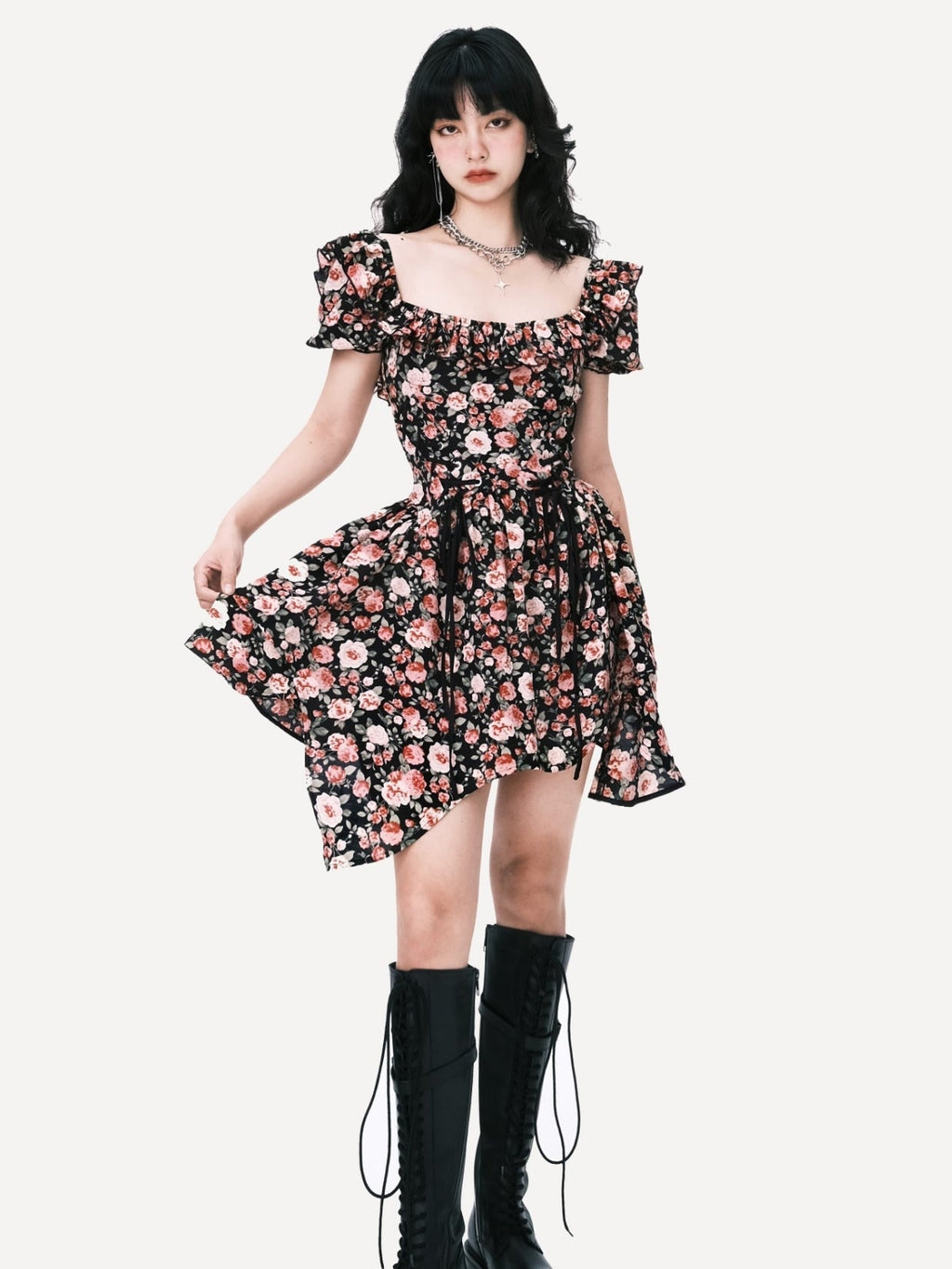 Blossom Noir Puff-Sleeve Dress