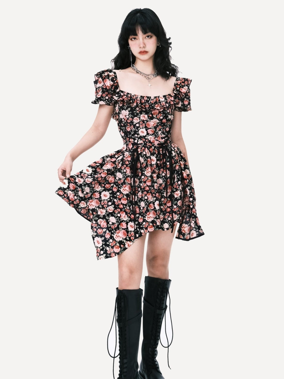Blossom Noir Puff-Sleeve Dress