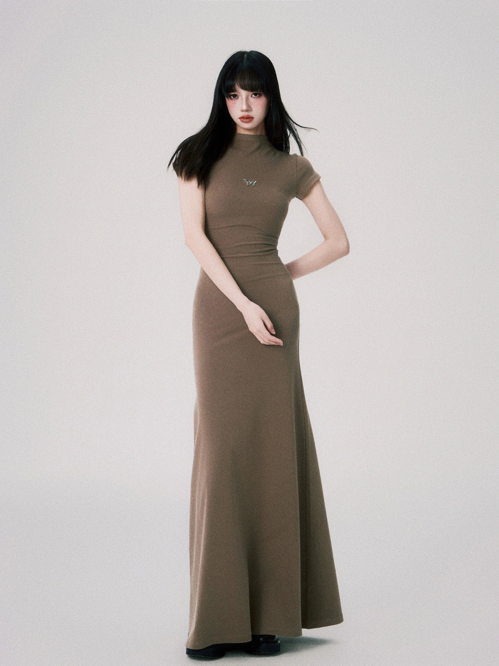 Butterfly Emblem Fitted Maxi Dress - Women'S Elegant Evening Gown