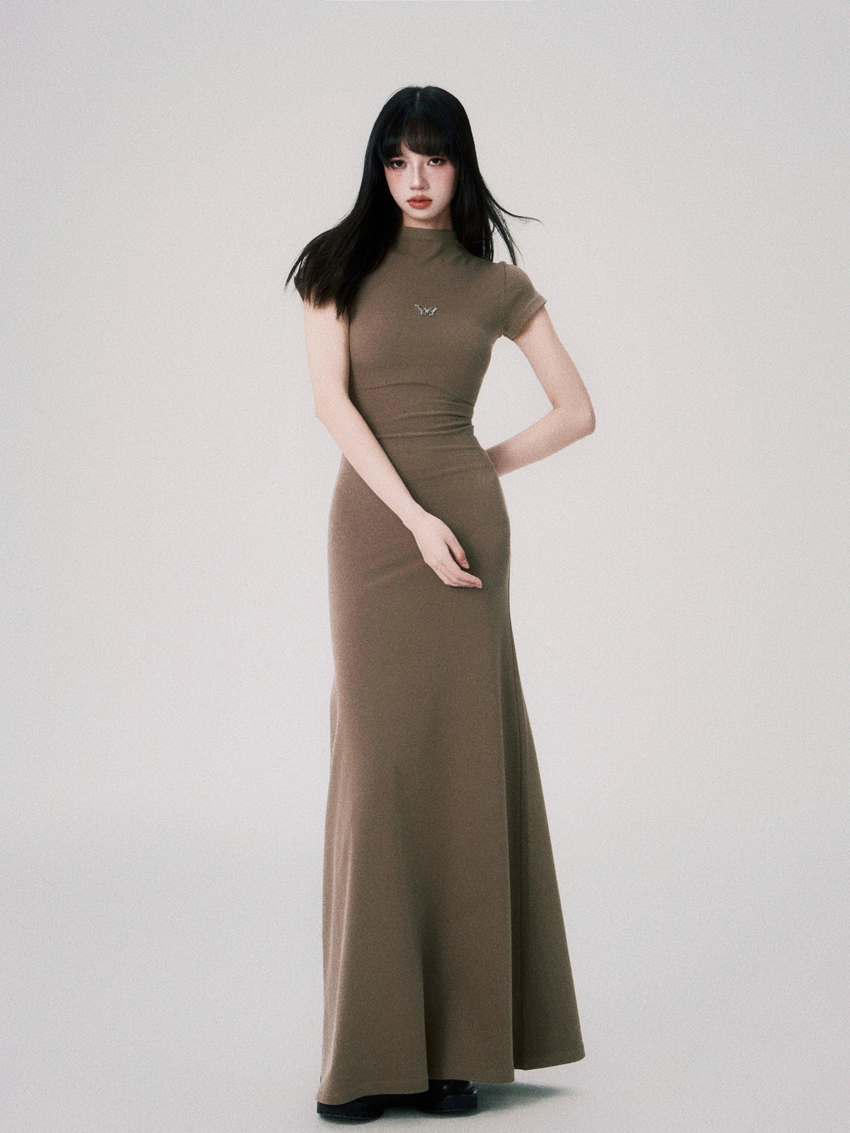 Butterfly Emblem Fitted Maxi Dress - Women'S Elegant Evening Gown