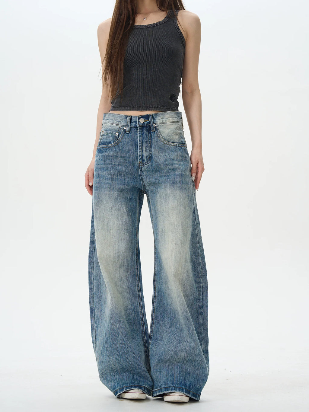 Heavy Knee Distressed Wide Leg Blue Jeans