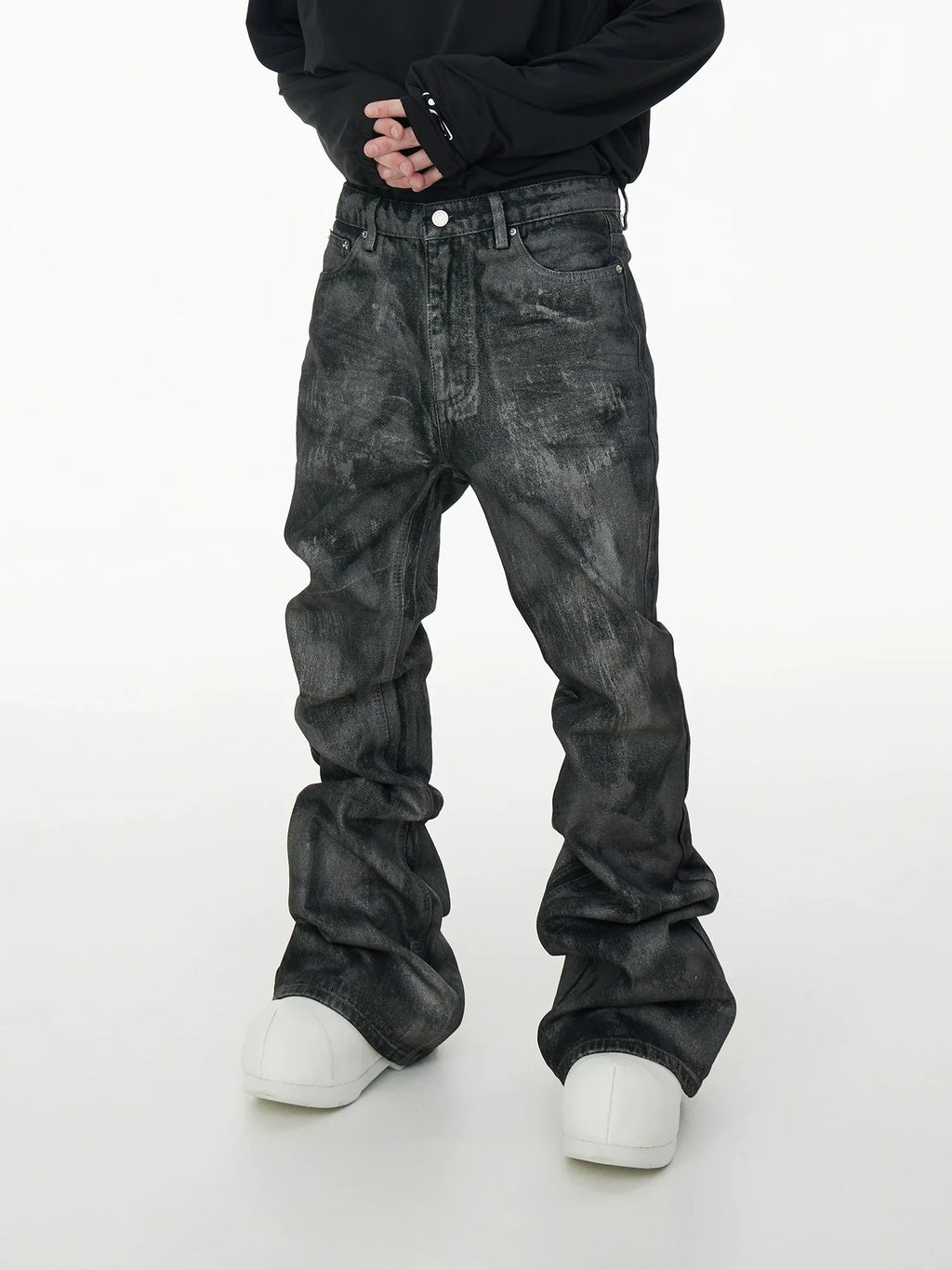 Glitter Coated Acid Wash Black Stacked Jeans