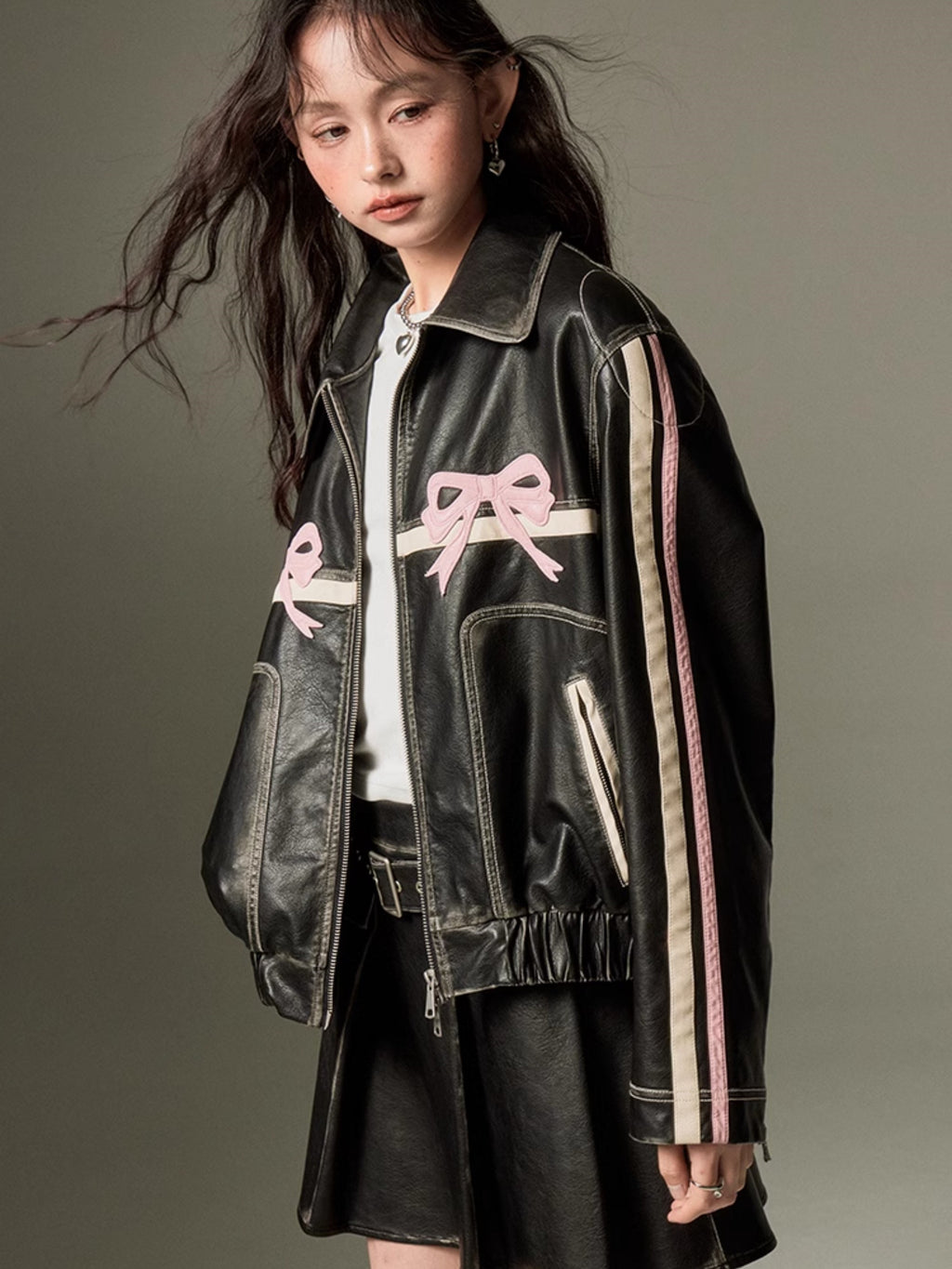 DIDDI MODA Bow-Detail Colorblock Faux-Leather Jacket