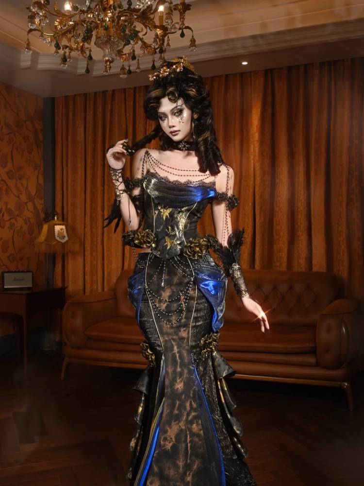 Blue Velvet Victorian Bustle Maxi Skirt