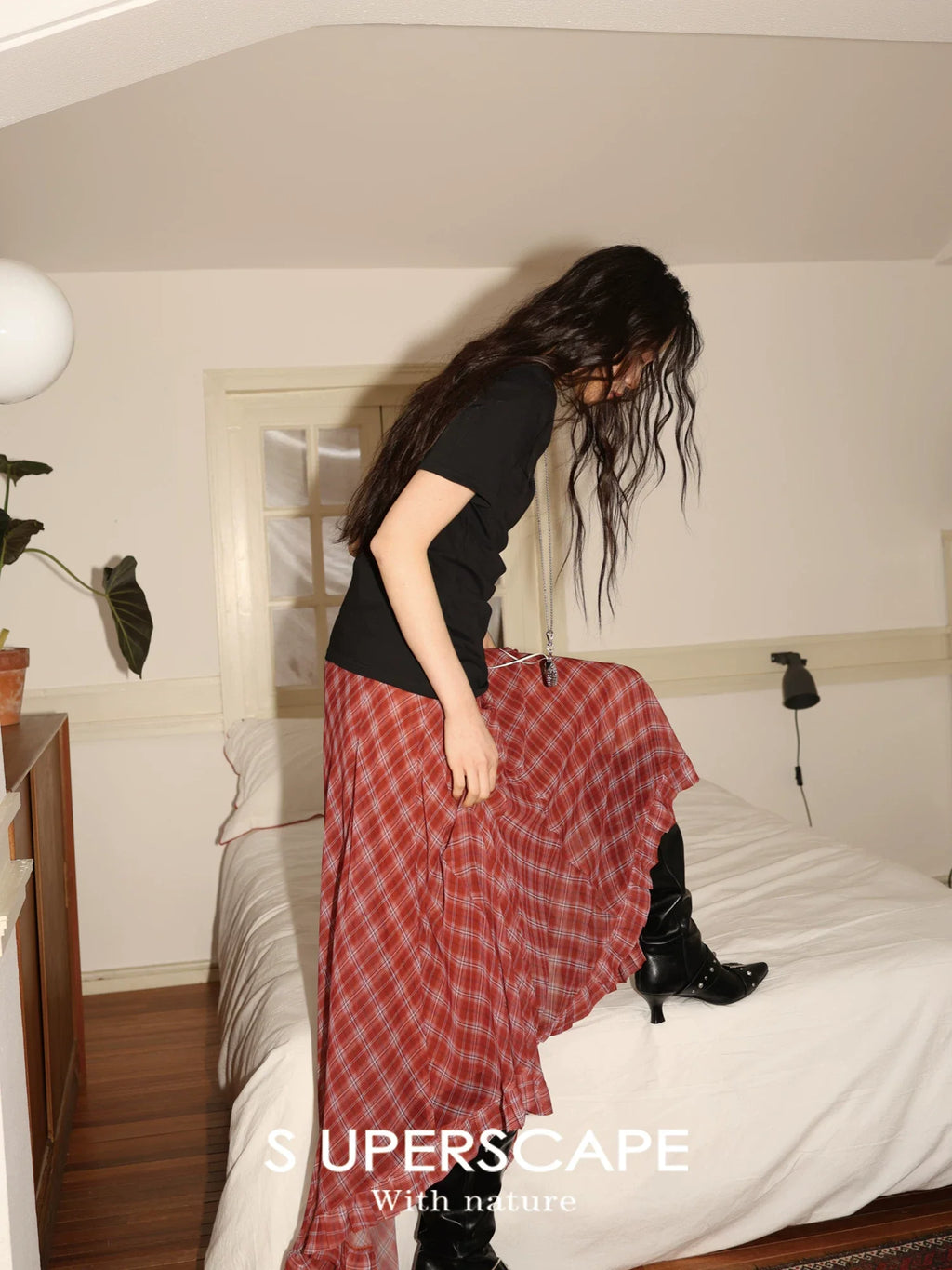 Plaid Chiffon Asymmetric Hem Skirt
