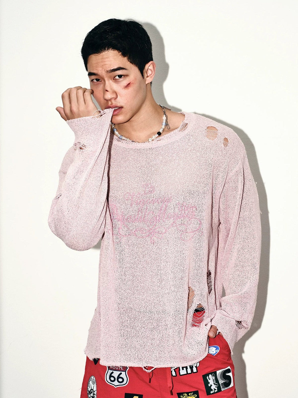 Blush Distressed Oversize Knit Sweater
