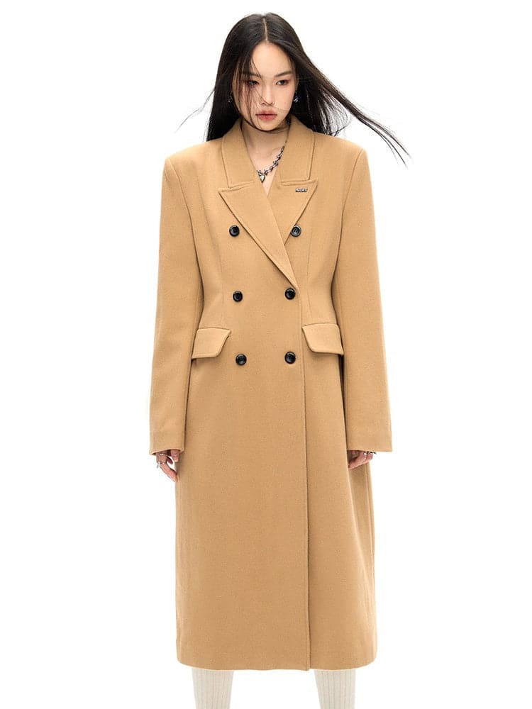 Double-Breasted Wool Long Coat - Slim Waist Tailored Winter Outerwear
