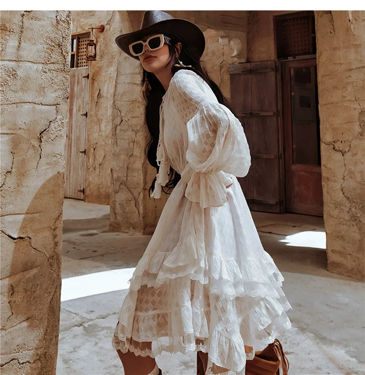Maixu White Ruffle Long-Sleeve Midi Dress