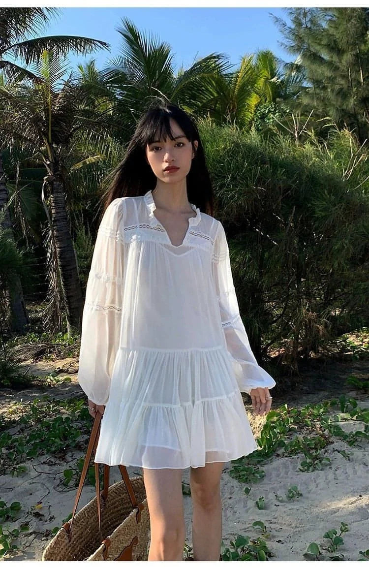 French-Style Ruffle Mini Shirt Dress