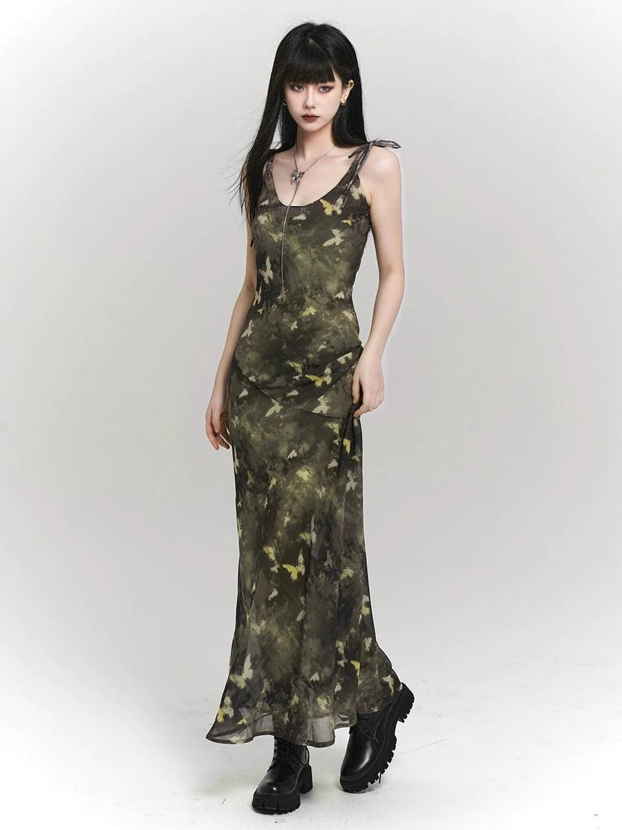 Woodland Whisper Maxi Dress - Women'S Camo-Inspired Butterfly Print Slip Dress
