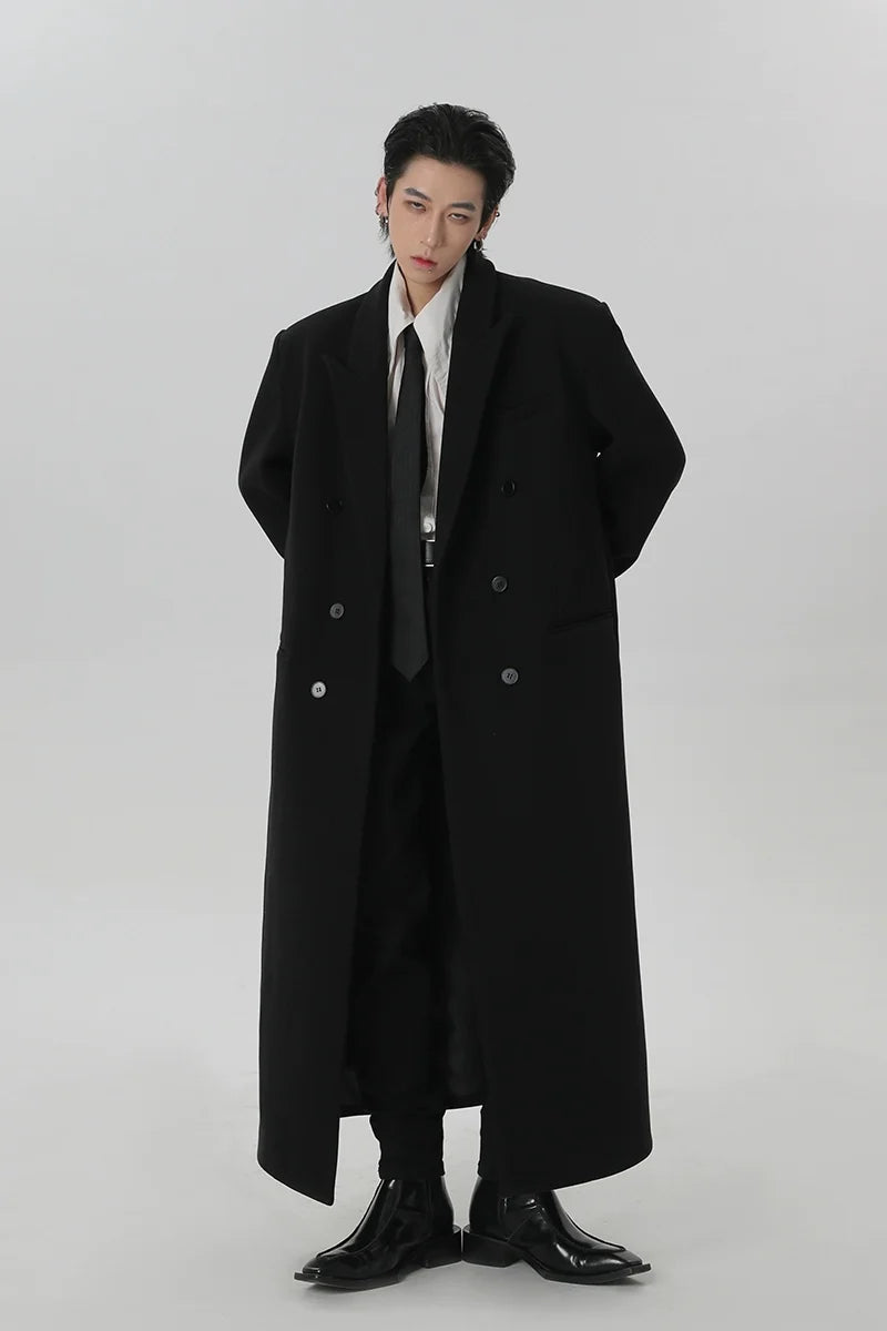 Long Black Double-Breasted Overcoat