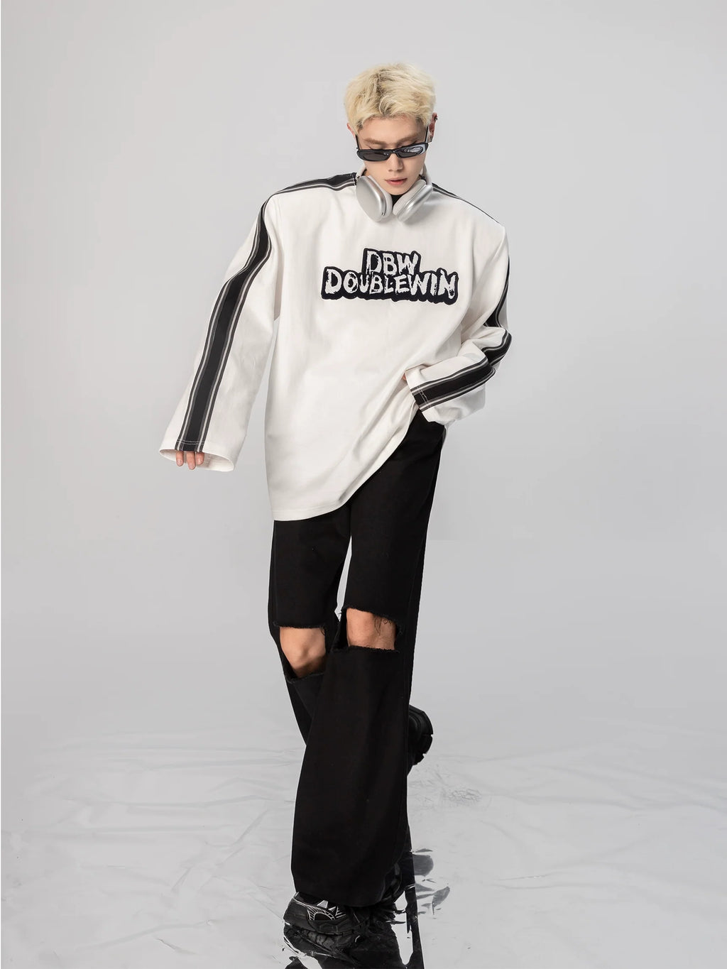 Monochrome Streak Varsity Sweatshirt