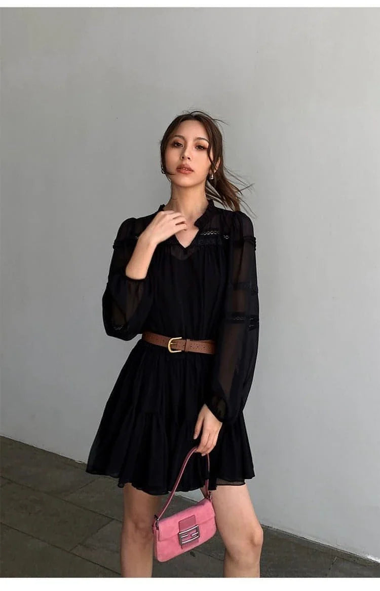 French-Style Ruffle Mini Shirt Dress