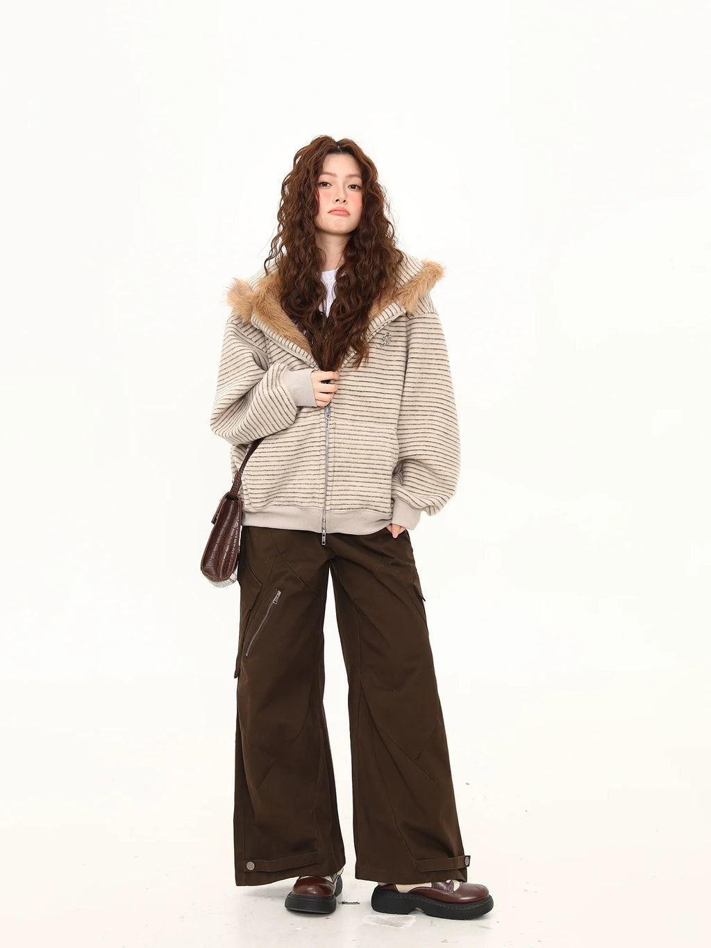 Fluffy Bunny-Ear Striped Hoodie