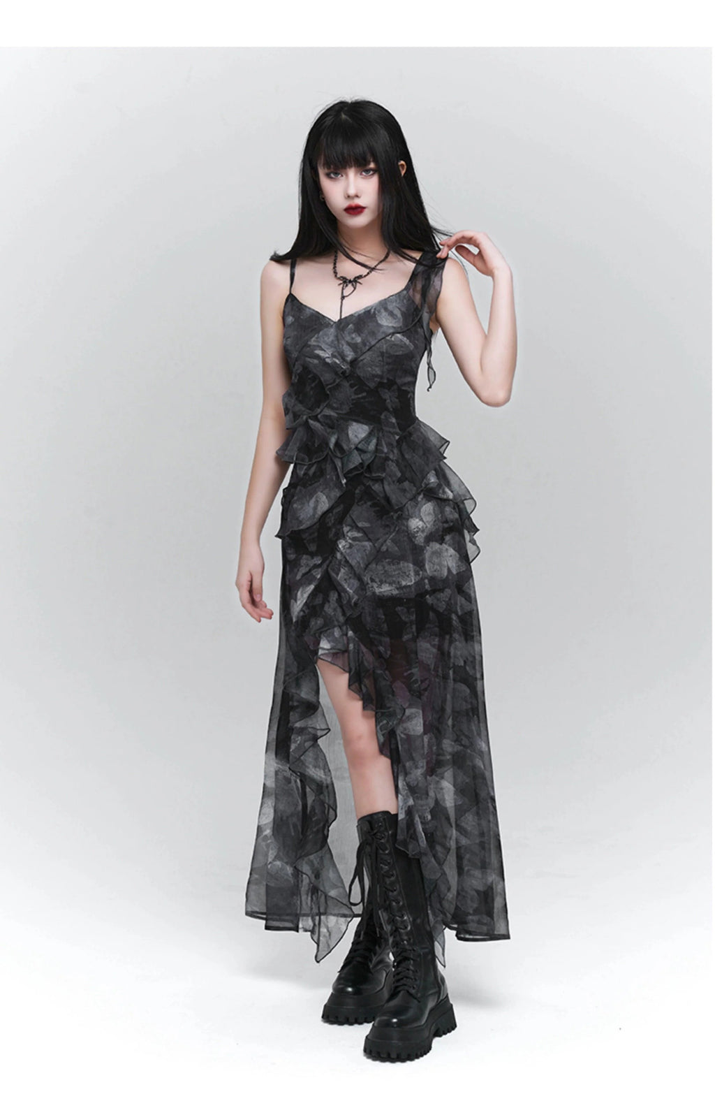 Dark Glamour Asymmetrical Maxi Dress - Women'S Sheer Floral Print Ruffle Dress With High Slit
