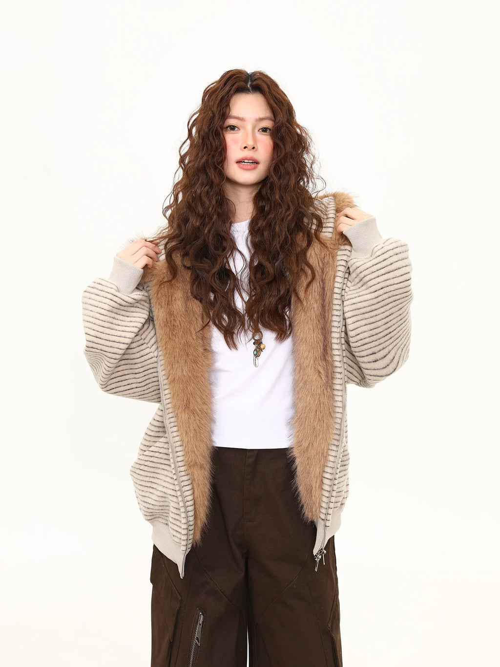 Fluffy Bunny-Ear Striped Hoodie