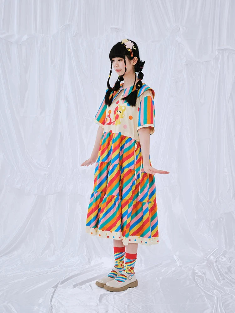 Rainbow Stripe Teddy Bear Party Dress