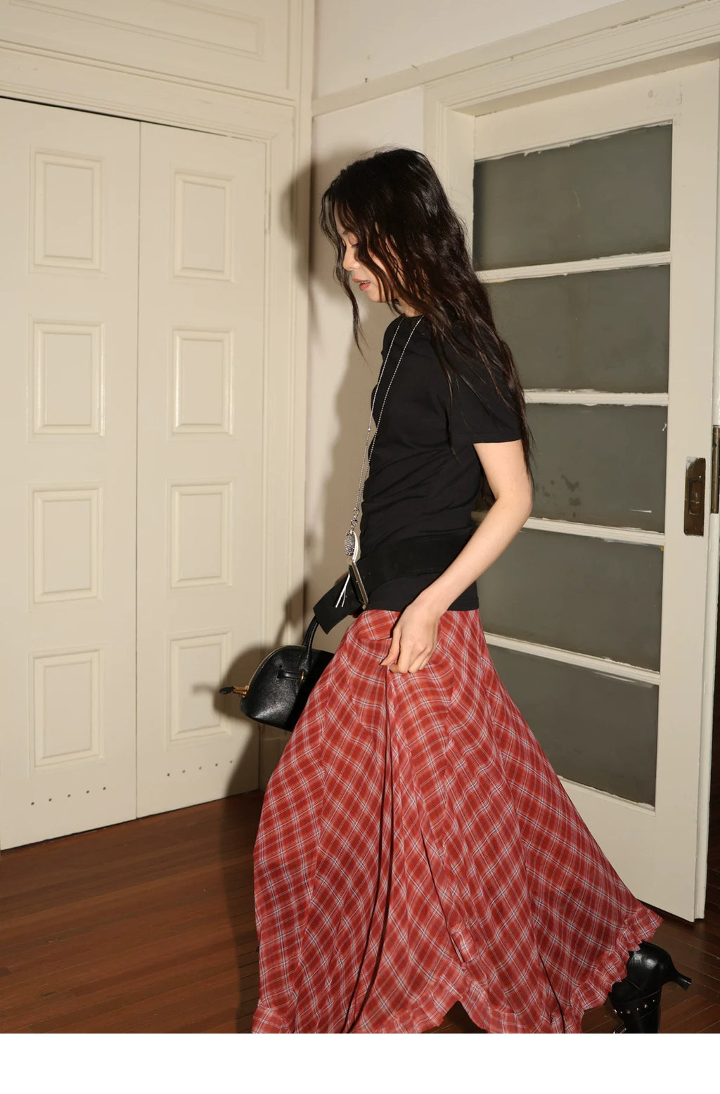 Plaid Chiffon Asymmetric Hem Skirt