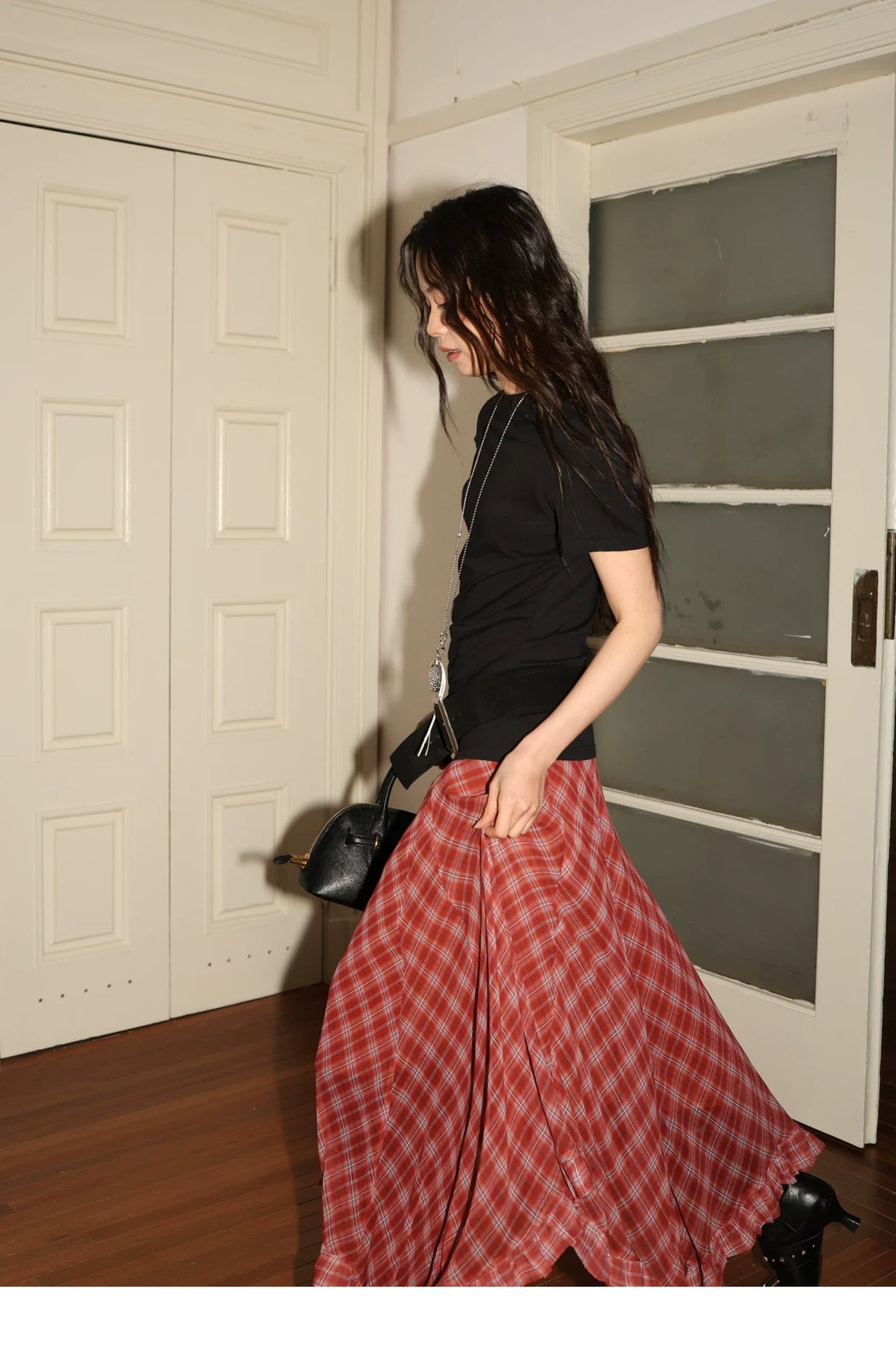 Plaid Chiffon Asymmetric Hem Skirt