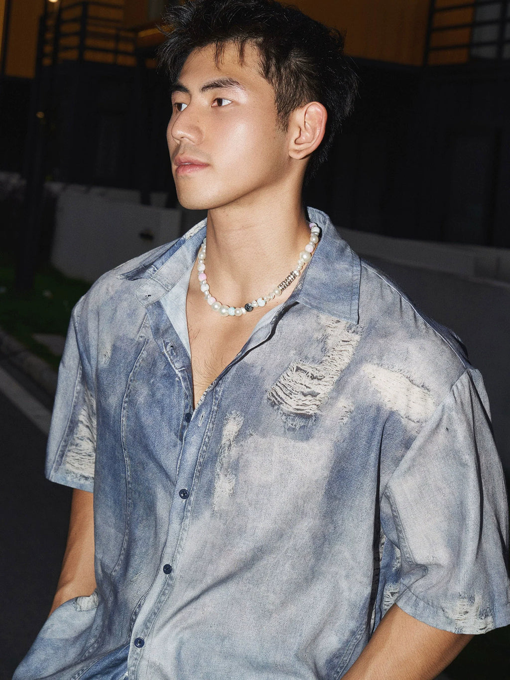 Distressed Denim Button Down Shirt