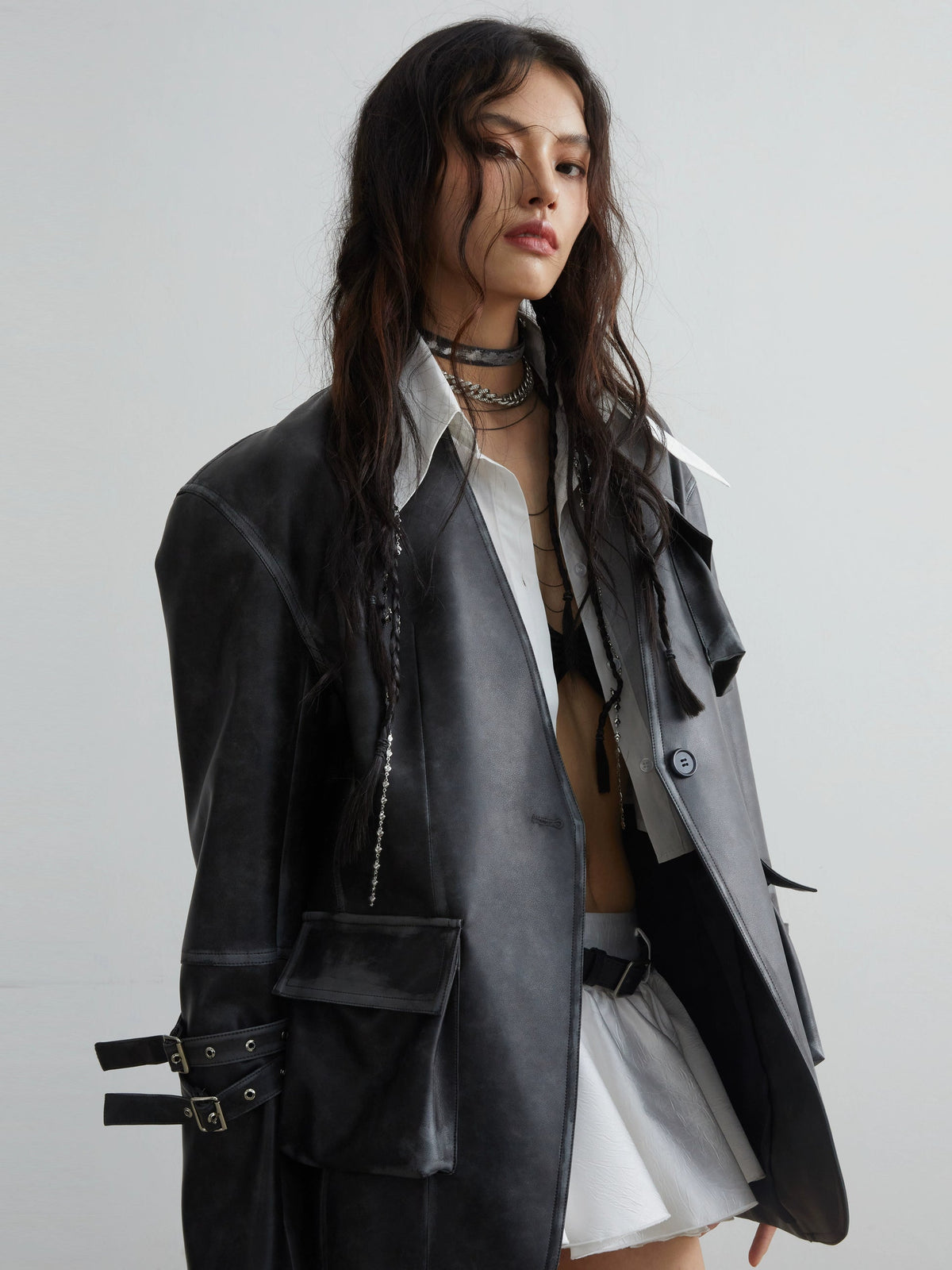 Vintage Pu Leather 3D Pocket No-Collar Jacket