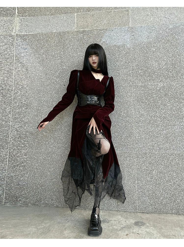 Burgundy Velvet Gothic Maxi Dress