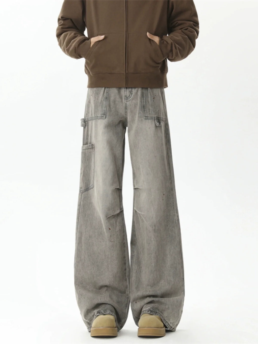 Wide Leg Washed Denim Cargo Pants