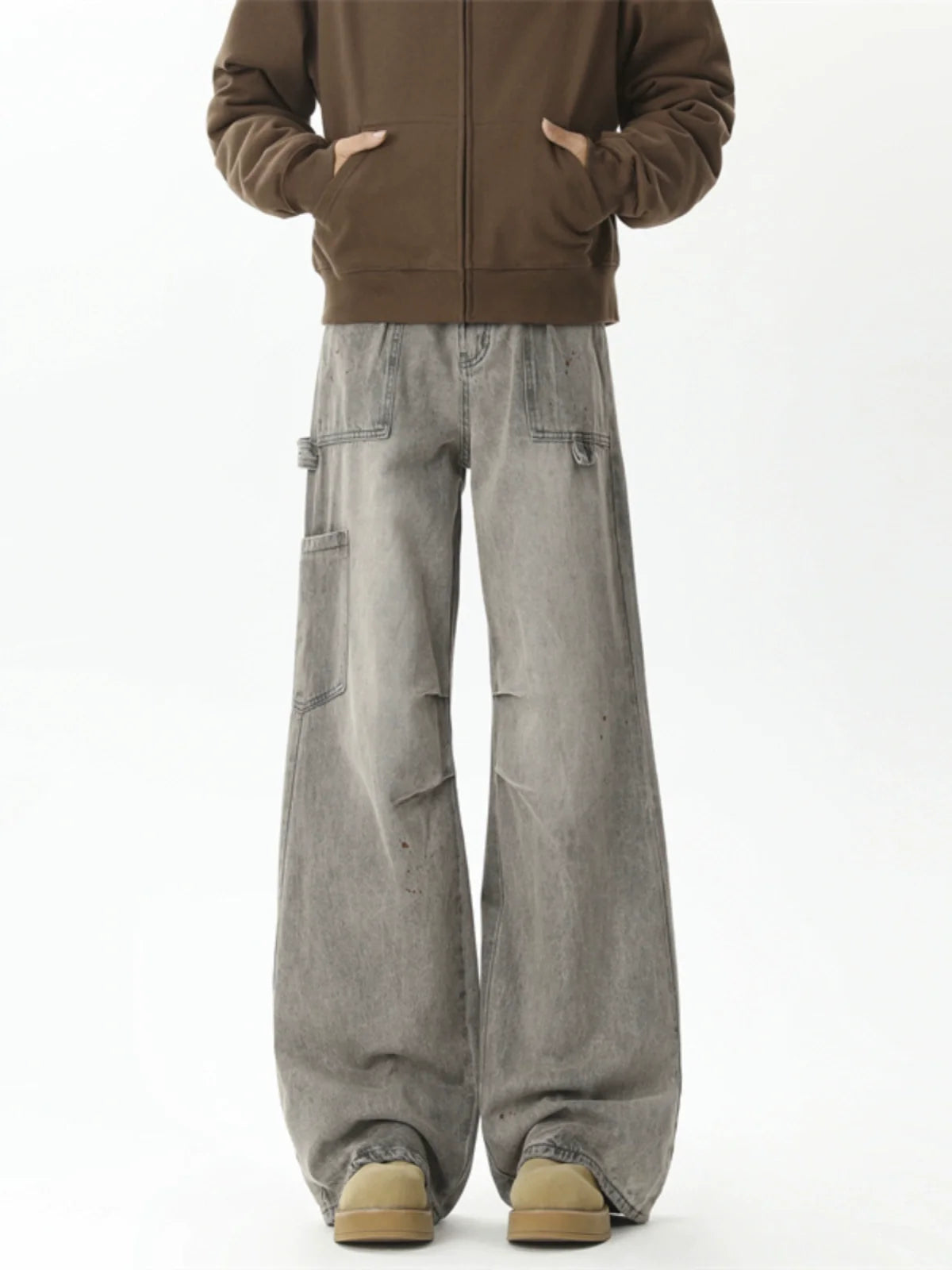 Wide Leg Washed Denim Cargo Pants