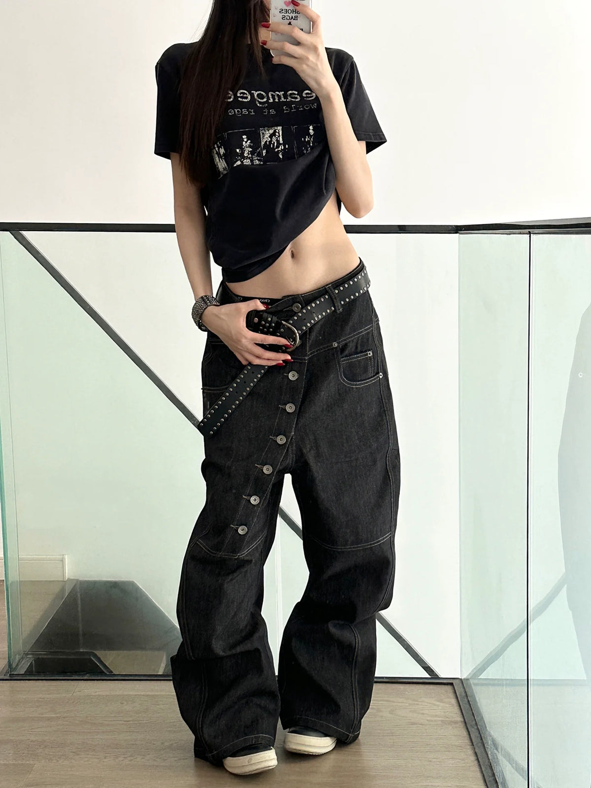 Asymmetric Button Wide-Leg Jeans