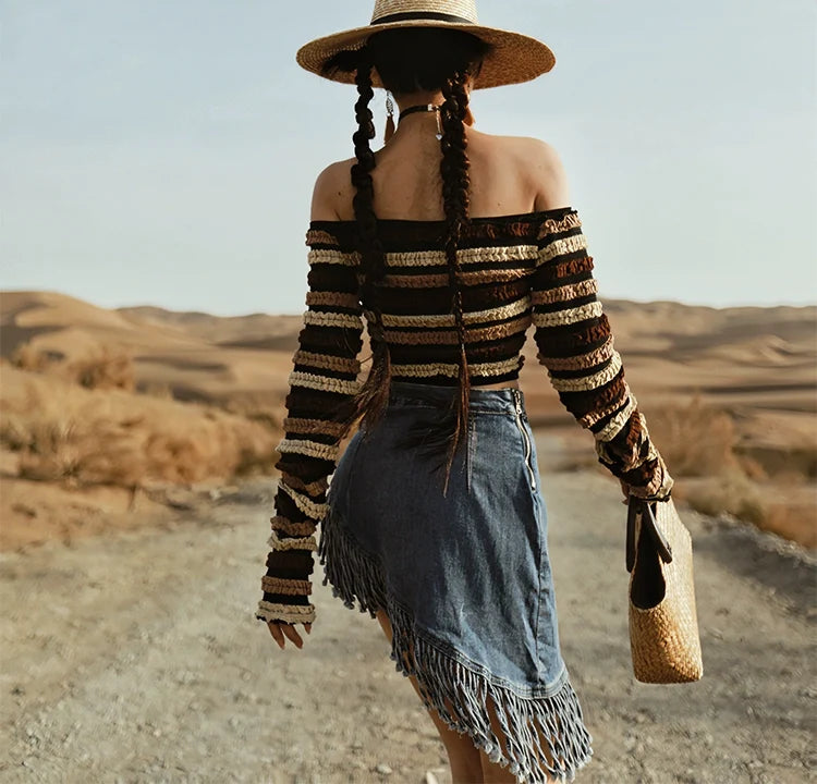 Asymmetrical Fringe Denim Skirt
