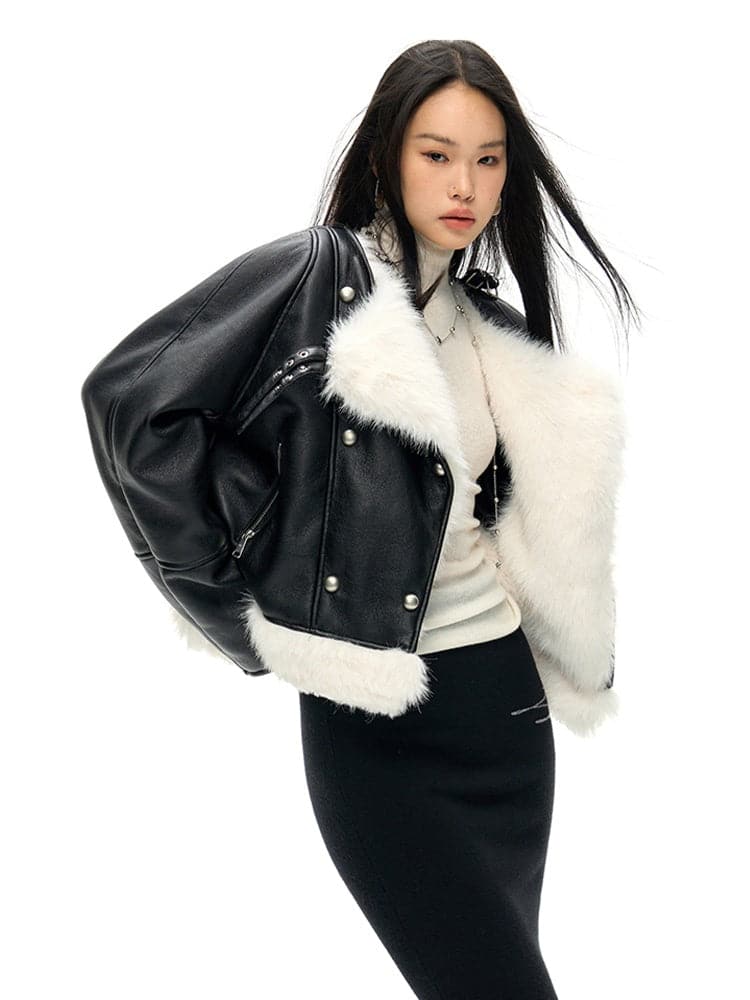 Oversized Faux Leather Jacket with Faux Fur Collar - Sustainable Vegan Outerwear