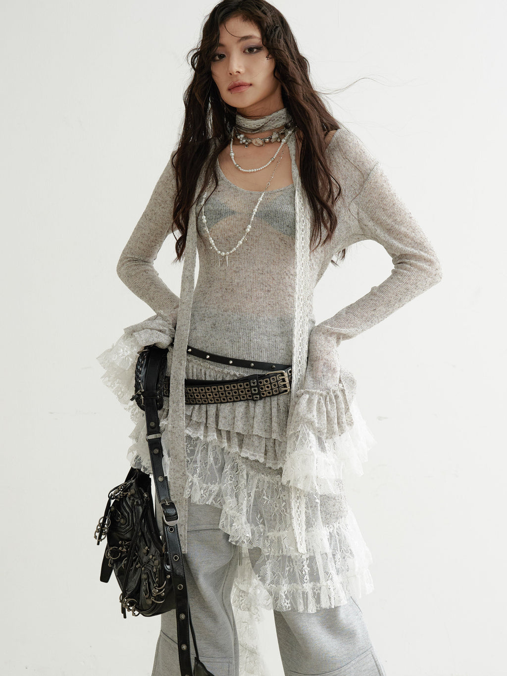 Ethereal Sheer Lace-Panel Asymmetrical Knit Dress