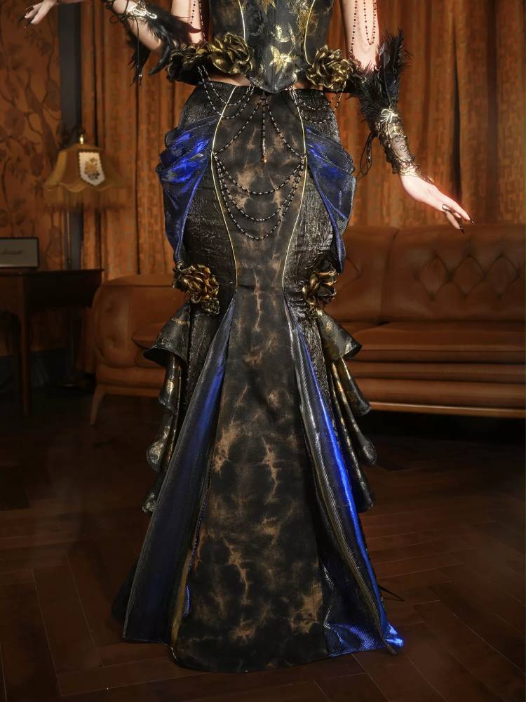 Blue Velvet Victorian Bustle Maxi Skirt