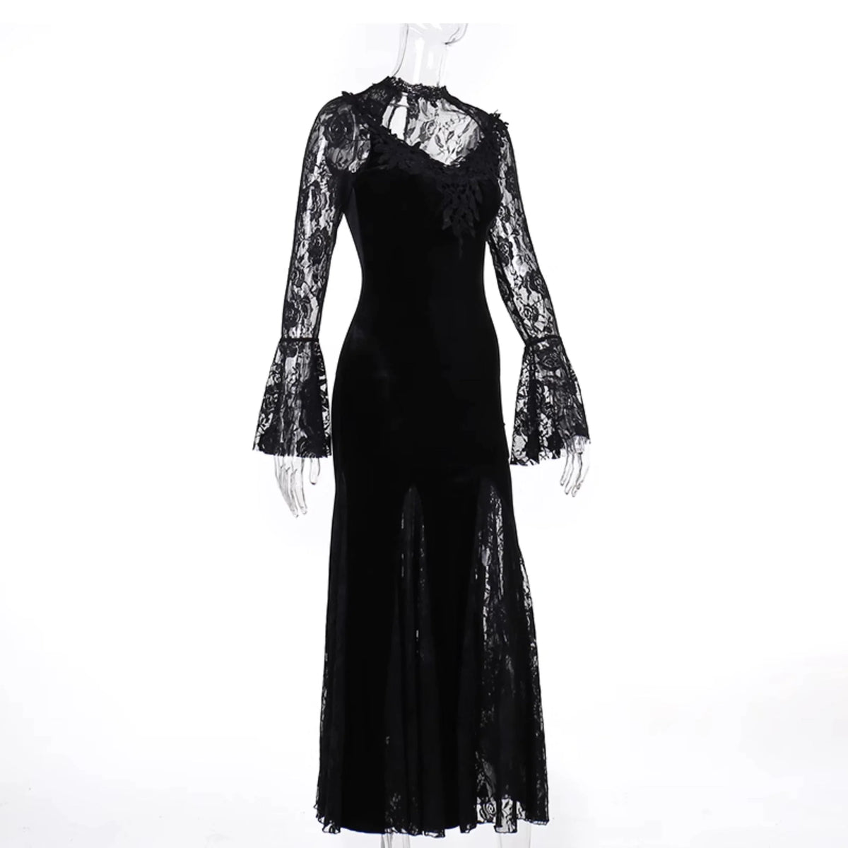 Gothic Velvet Mermaid Gown-Long Sleeve Lace Floor-Length Dress With High Collar
