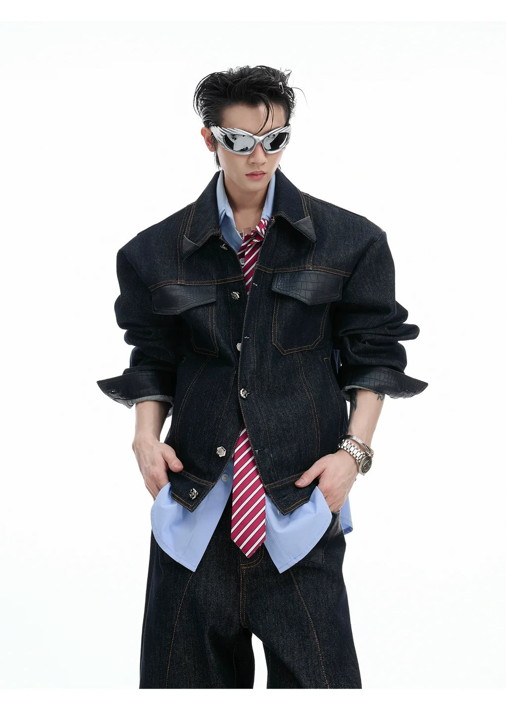 Oversized Dark Denim Jacket and Wide-Leg Jeans Setup