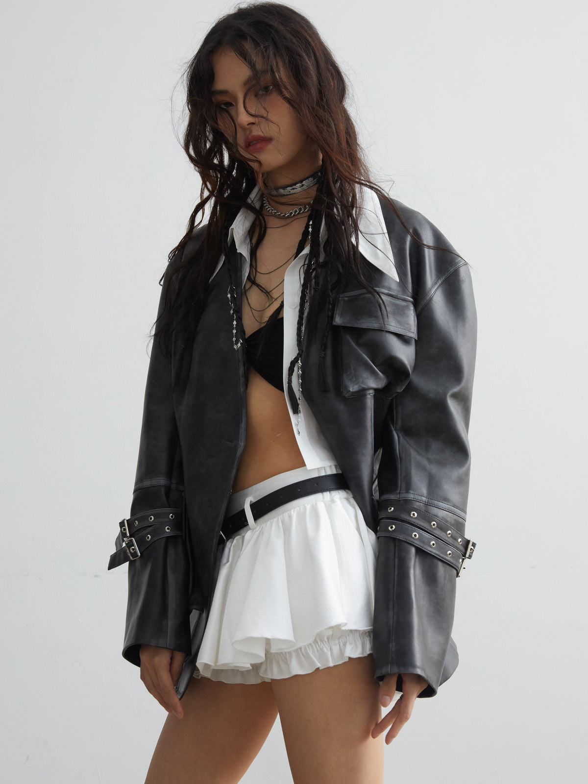 Vintage Pu Leather 3D Pocket No-Collar Jacket