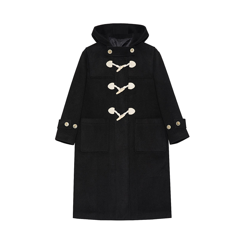 Winter Thicken College Style Hooded Mid-Length Melton Wool Coat