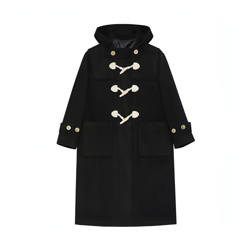 Winter Thicken College Style Hooded Mid-Length Melton Wool Coat