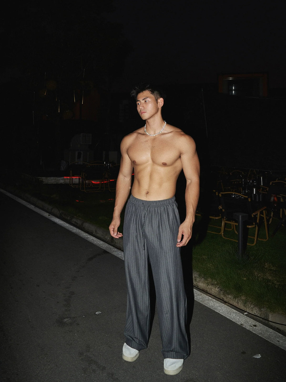 Striped Henley Leisure Shirt and Pants Setup